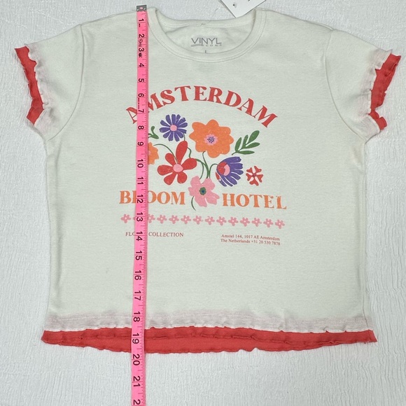 White with red ruffle hems, Amsterdam Bloom Hotel crop top. Flower print. NWT - Picture 5 of 6